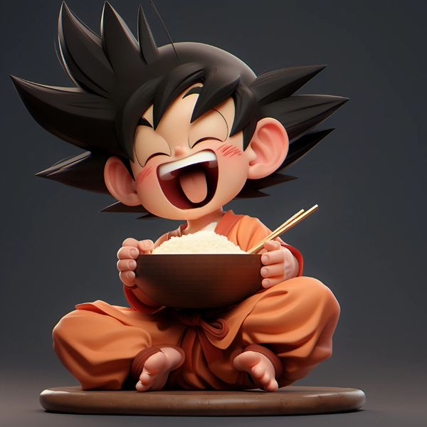 midjourney goku from dragon ball z eating rice with chopsticks 3d niji style expressive