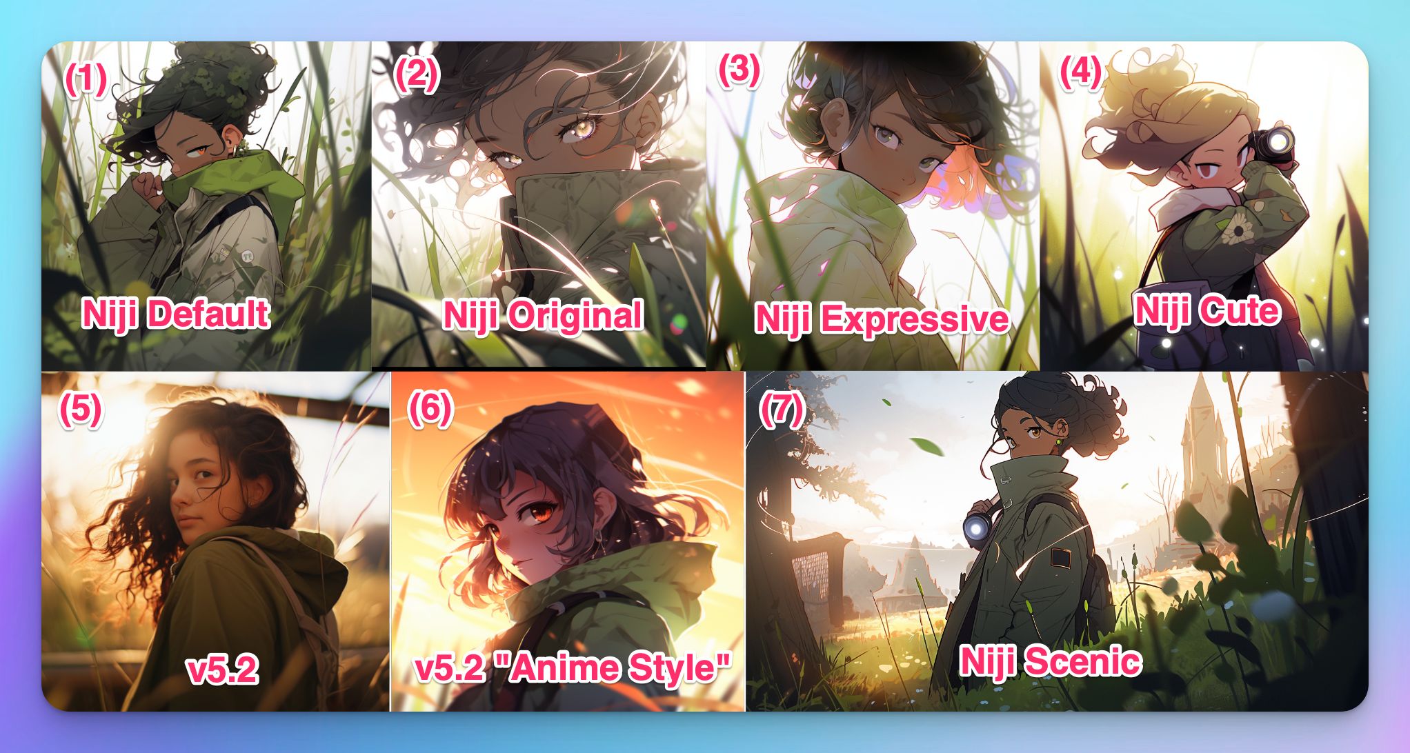 midjourney in-the-weeds-girl character image seed niji and v52 styles