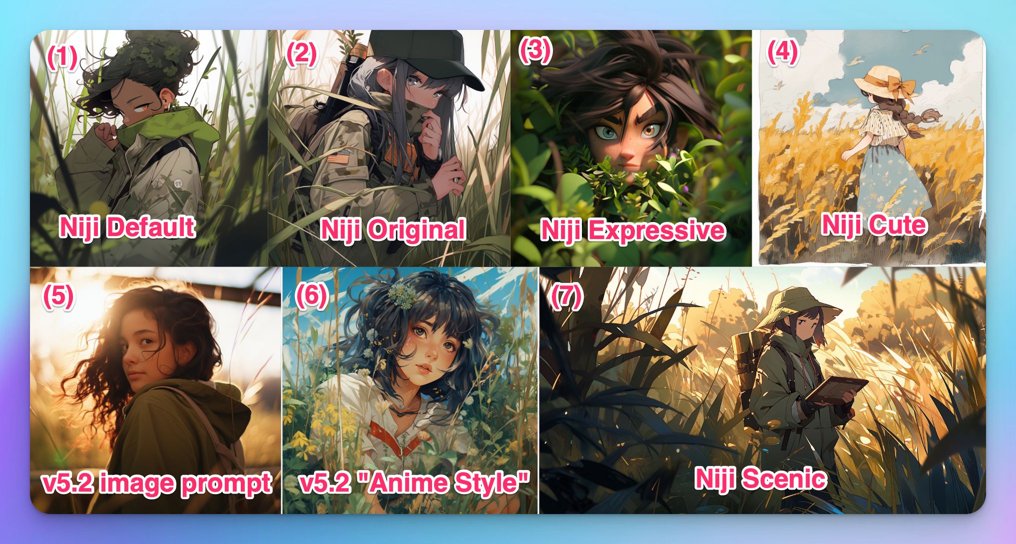 midjourney in-the-weeds-girl character same seed niji and v52 styles