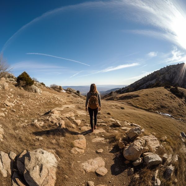 midjourney woman hiking away using fisheye lens
