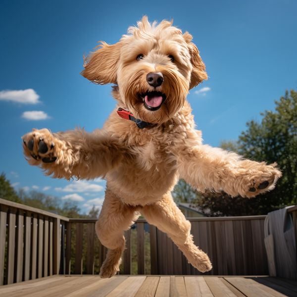 midjourney golden labradoodle jumping
