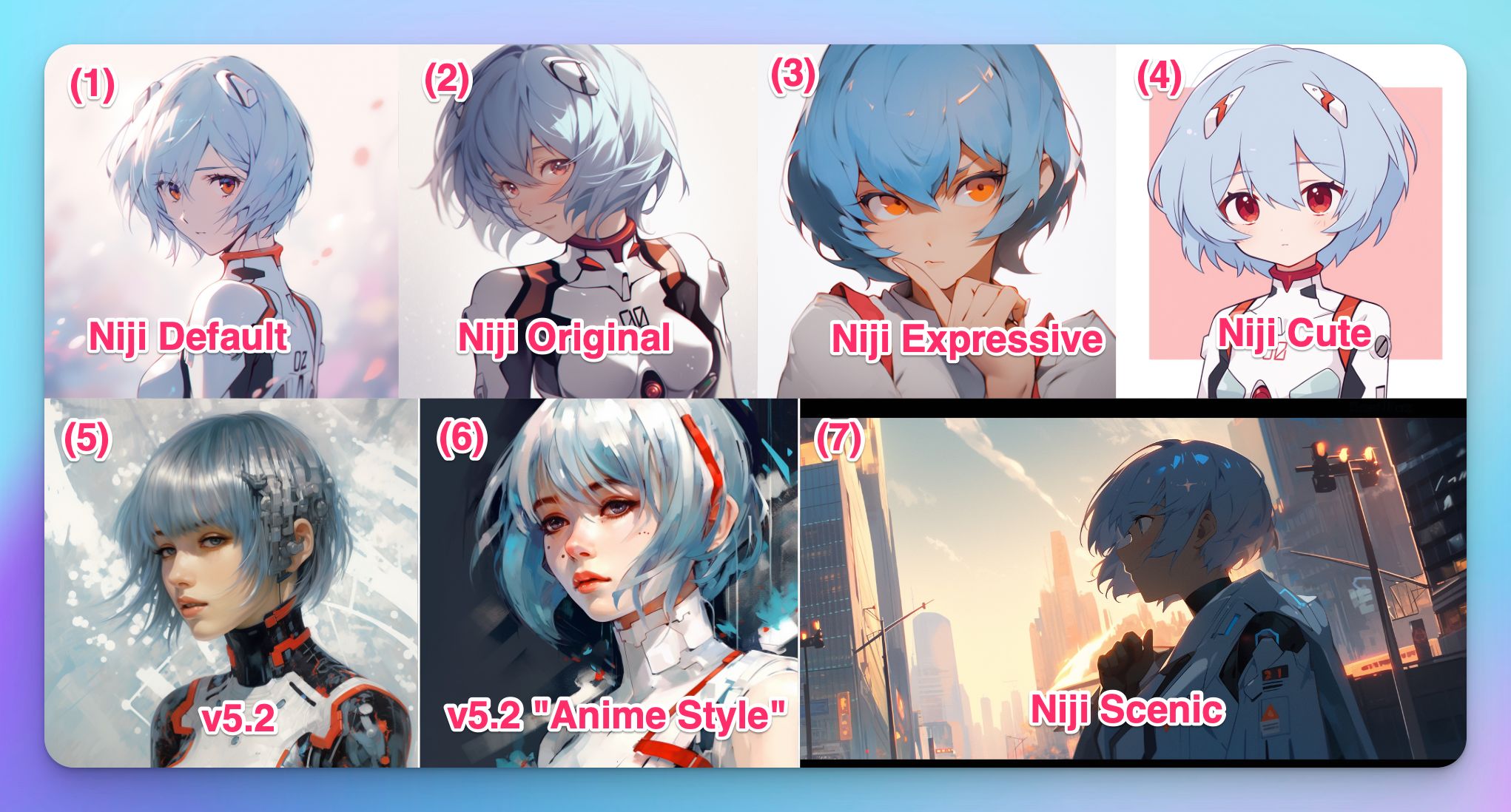 midjourney rei ayanami from evangelion niji and v52 styles