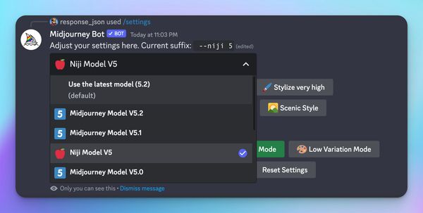 midjourney /settings dropdown